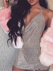 Gold Sequin Halter Club Dresses Women Sexy Backless Mini Dress PQ0213B