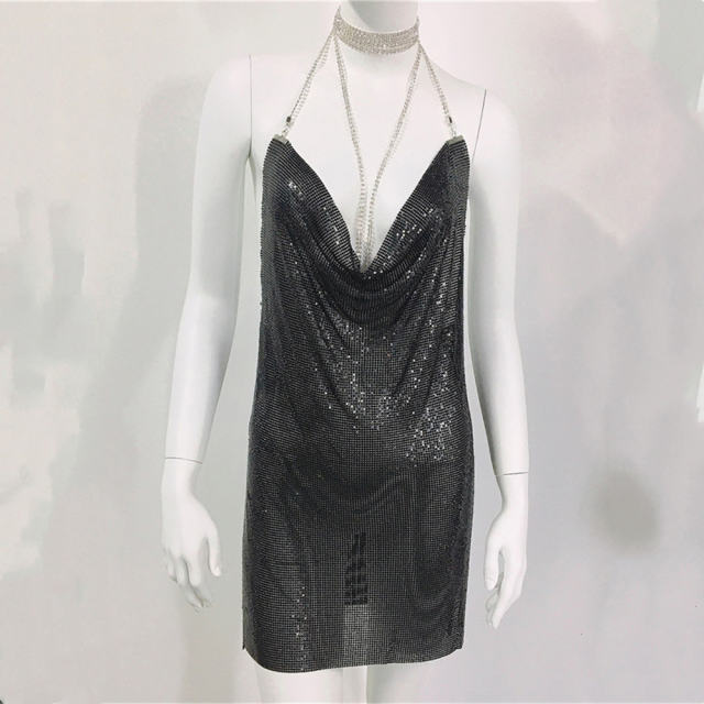 Silver Sequin Night Clubwear Women Sexy Backless Mini Dress PQ0141B