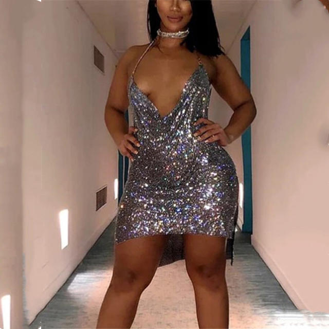 Gold Sequin Backless Sexy Dresses For Women Halter Mini Dress PQ0156A