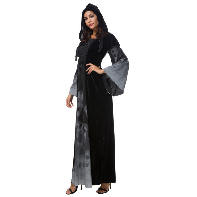Skull Print Witch Vampire Costume Queen Dress Halloween Costume PQ25856