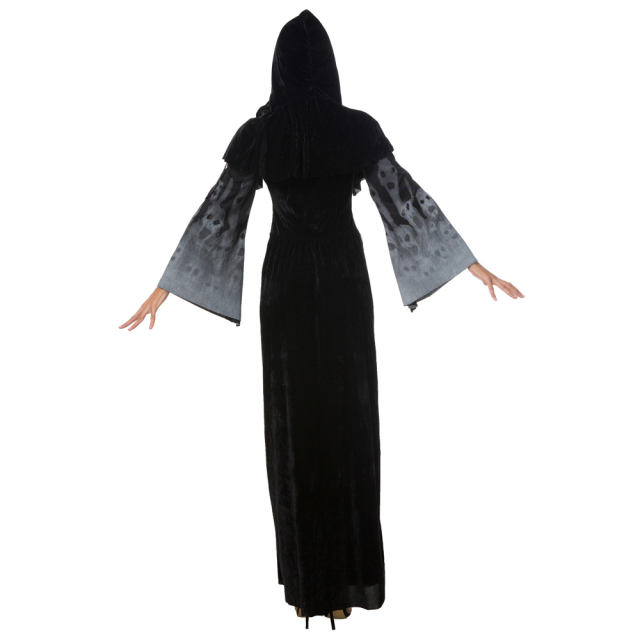 Skull Print Witch Vampire Costume Queen Dress Halloween Costume PQ25856