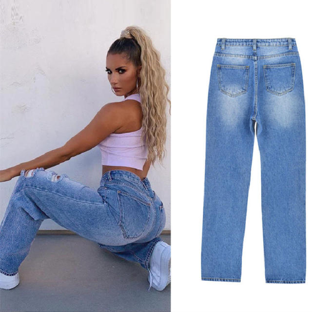 Blue Loose Denim Pants Hight Waist Jeans For Women PQTOP408