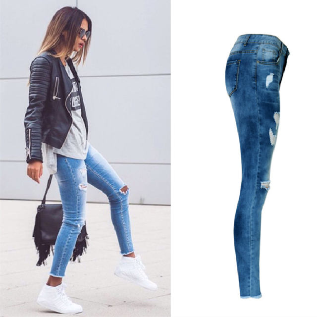 Blue Slim Hight Waist Ripped Jeans For Women Denim Capri PQTOP6628