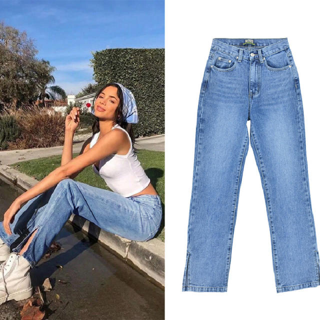 Blue Hight Waist Jeans For Women Low Split Denim Pants PQTOP407
