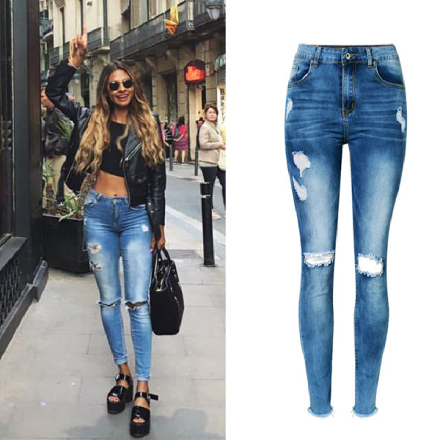 Blue Slim Hight Waist Ripped Jeans For Women Denim Capri PQTOP6628