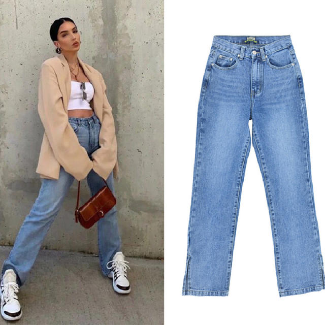 Blue Hight Waist Jeans For Women Low Split Denim Pants PQTOP407