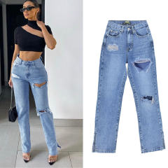 Blue Hight Waist Hollow Jeans For Women Ripped Denim Pants PQTOP6697