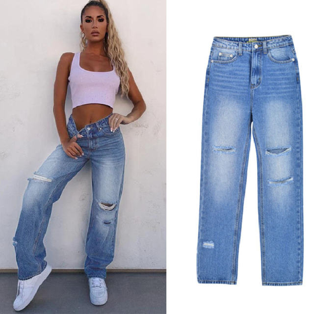 Blue Loose Denim Pants Hight Waist Jeans For Women PQTOP408
