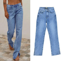 Blue Hight Waist Jeans For Women Low Split Denim Pants PQTOP407