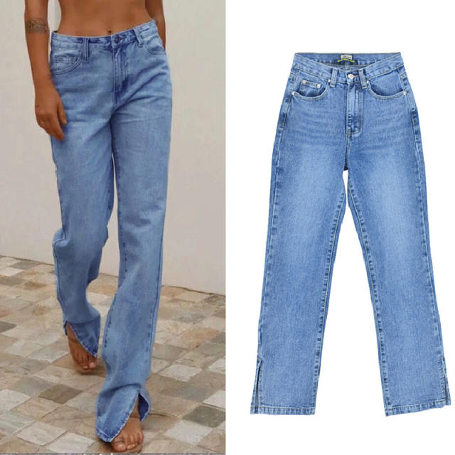 Blue Hight Waist Jeans For Women Low Split Denim Pants PQTOP407