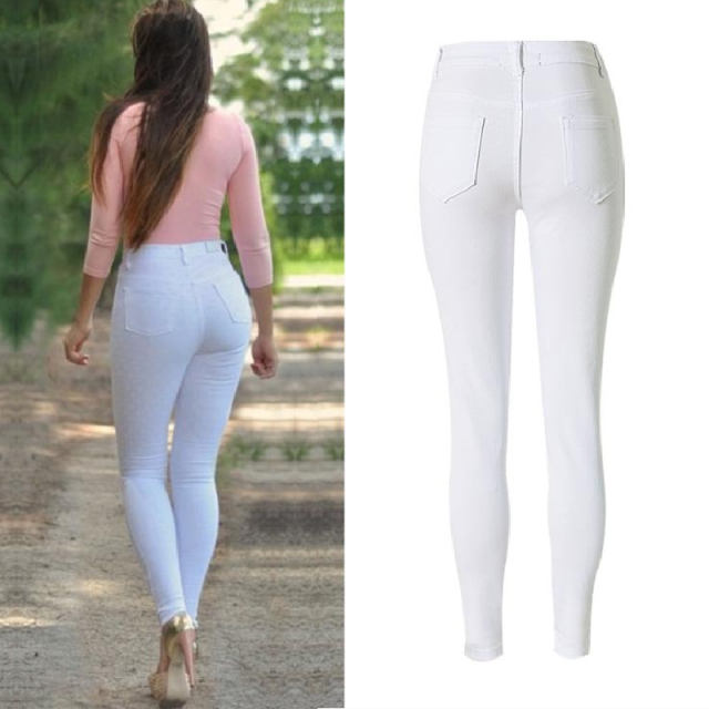 White Skiny Denim Pants Hight Waist Ripped Jeans For Women PQTOP010B