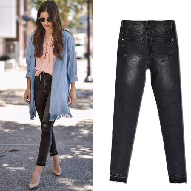 Black Hight Waist Ripped Jeans For Women Skiny Denim Pants PQTOP219