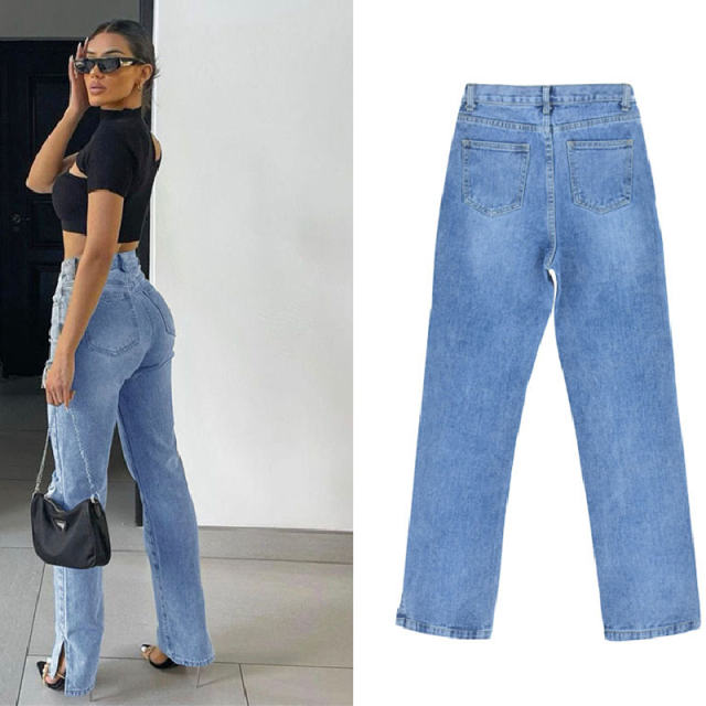Blue Hight Waist Hollow Jeans For Women Ripped Denim Pants PQTOP6697