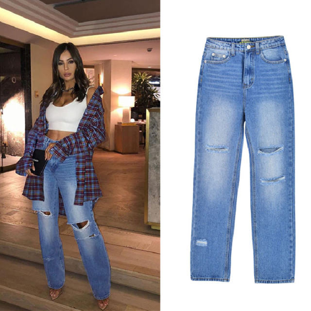 Blue Loose Denim Pants Hight Waist Jeans For Women PQTOP408