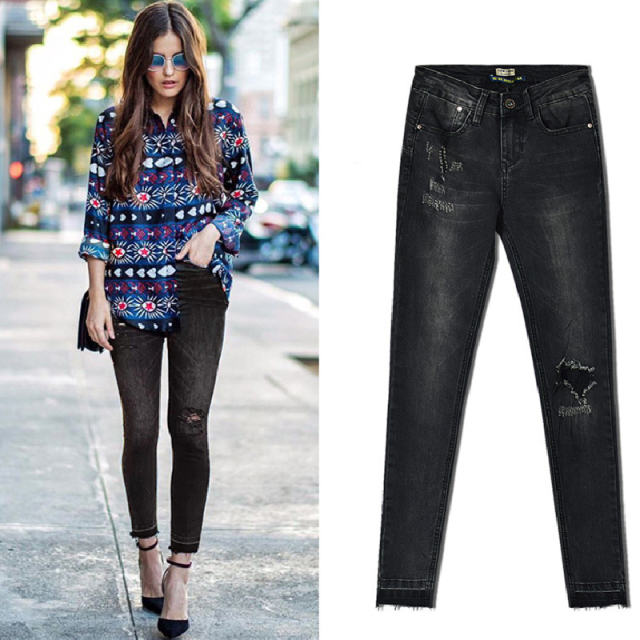 Black Hight Waist Ripped Jeans For Women Skiny Denim Pants PQTOP219