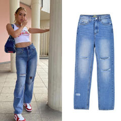 Blue Loose Denim Pants Hight Waist Jeans For Women PQTOP408