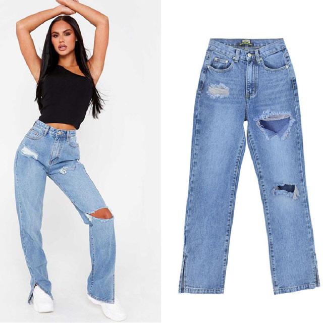 Blue Hight Waist Hollow Jeans For Women Ripped Denim Pants PQTOP6697