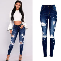 Dark Blue Pearl Denim Pants Skinny Hight Waist Jeans Women PQTOP408