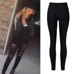 Black Skiny Denim Pants Hight Waist Ripped Jeans For Women PQTOP010A