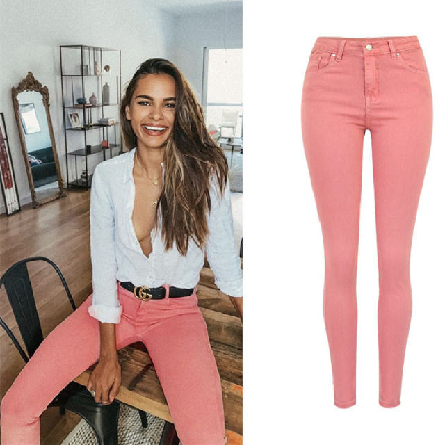 Pink Hight Waist Jeans For Women Skiny Denim Pants PQTOP6670