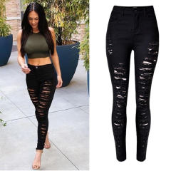 Black Skiny Denim Pants Hight Waist Ripped Jeans For Women PQTOP010A