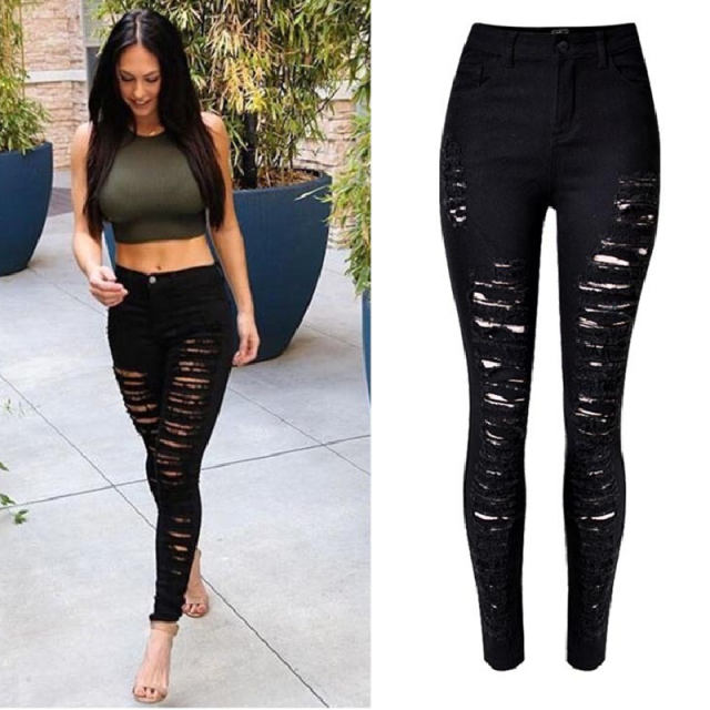 Black Skiny Denim Pants Hight Waist Ripped Jeans For Women PQTOP010A