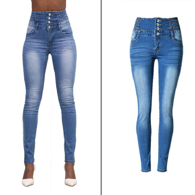 Blue Slim Hight Waist Jeans For Women Button Denim Pants PQTOP102