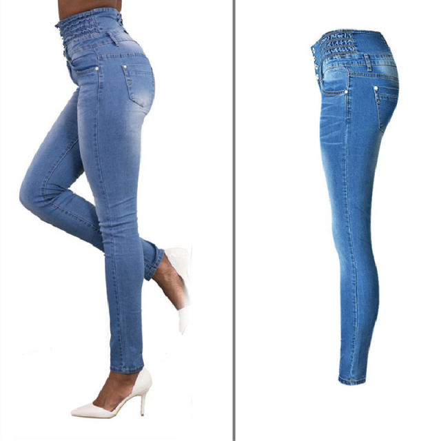 Blue Slim Hight Waist Jeans For Women Button Denim Pants PQTOP102