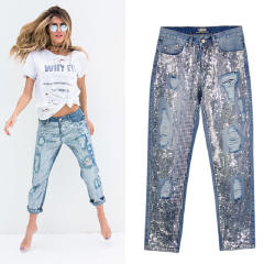 Blue Sequin Denim Capris Mid Waist Loose Jeans For Women PQTOP291