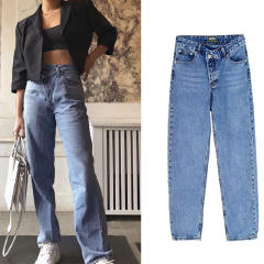 Blue Pencil Denim Pants Hight Waist Irregular Jeans Women PQTOP341