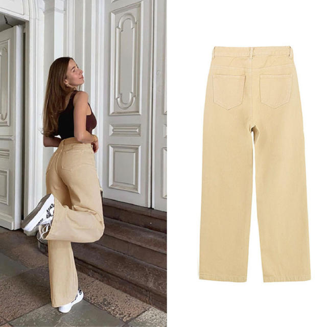 Yellow Hight Waist Ripped Jeans For Women Denim Pants PQTOP6700