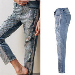 Blue Sequin Denim Capris Mid Waist Loose Jeans For Women PQTOP291