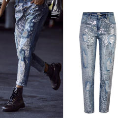 Blue Sequin Denim Capris Mid Waist Loose Jeans For Women PQTOP291