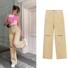 Yellow Hight Waist Ripped Jeans For Women Denim Pants PQTOP6700