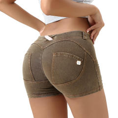 Yellow Mid Waist Bubble Butt Shorts Fitness Wear For Women PQF033C