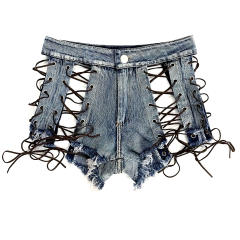 Blue Hollow Out Denim Shorts Lace Up Jeans Hot Pants PQ860B