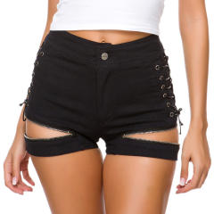 Black Hollow Out Denim Shorts Zipper Jeans Hot Pants PQ693B