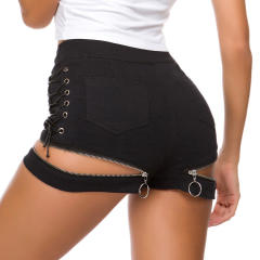 Black Hollow Out Denim Shorts Zipper Jeans Hot Pants PQ693B