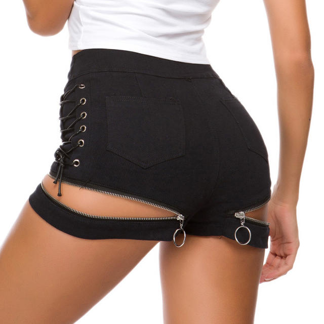 Black Hollow Out Denim Shorts Zipper Jeans Hot Pants PQ693B