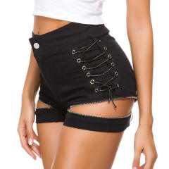 Black Hollow Out Denim Shorts Zipper Jeans Hot Pants PQ693B