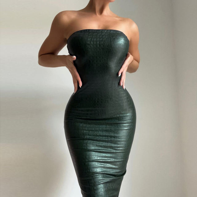 Black Sexy Night Club Wear Faux Leather Club Dress For Women PQ9637A