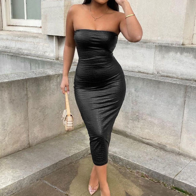 Black Sexy Night Club Wear Faux Leather Club Dress For Women PQ9637A