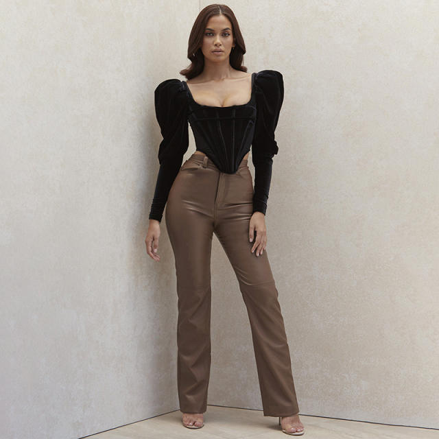 Brown Sexy High Waist PU Trousers Faux Leather Pants Women PQ9653B