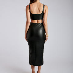 Black Faux Leather Two Pieces Dress For Women Sexy Night Clubwear PQ6308A