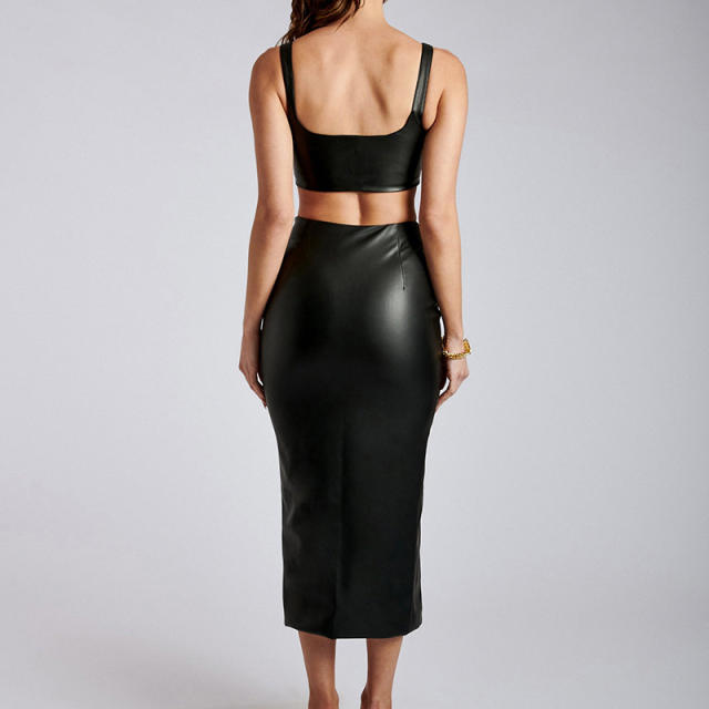 Black Faux Leather Two Pieces Dress For Women Sexy Night Clubwear PQ6308A