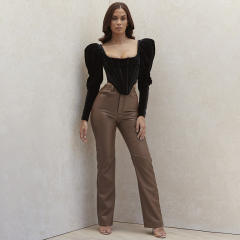 Black Sexy High Waist PU Trousers Faux Leather Pants Women PQ9653A
