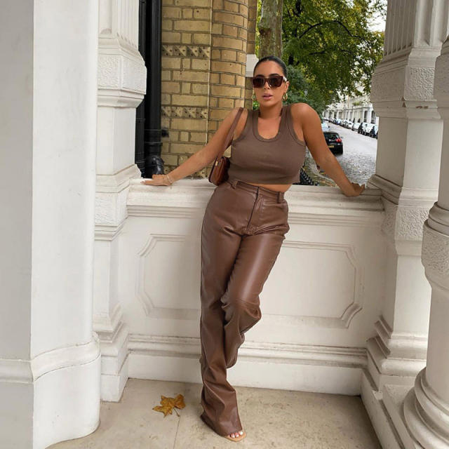 Brown Sexy High Waist PU Trousers Faux Leather Pants Women PQ9653B