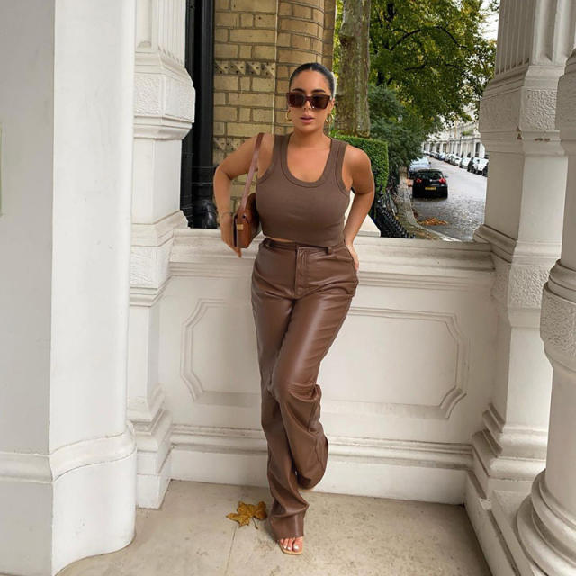 Brown Sexy High Waist PU Trousers Faux Leather Pants Women PQ9653B