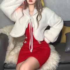 White Velvet Christmas Cape Women Xmas Night Club Coat PQ8801
