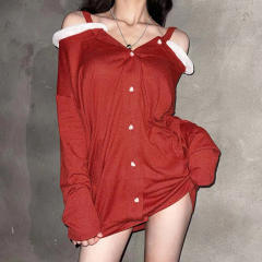 Red Velvet Christmas Shirt Dress Women Xmas Night Clubwear PQ7979